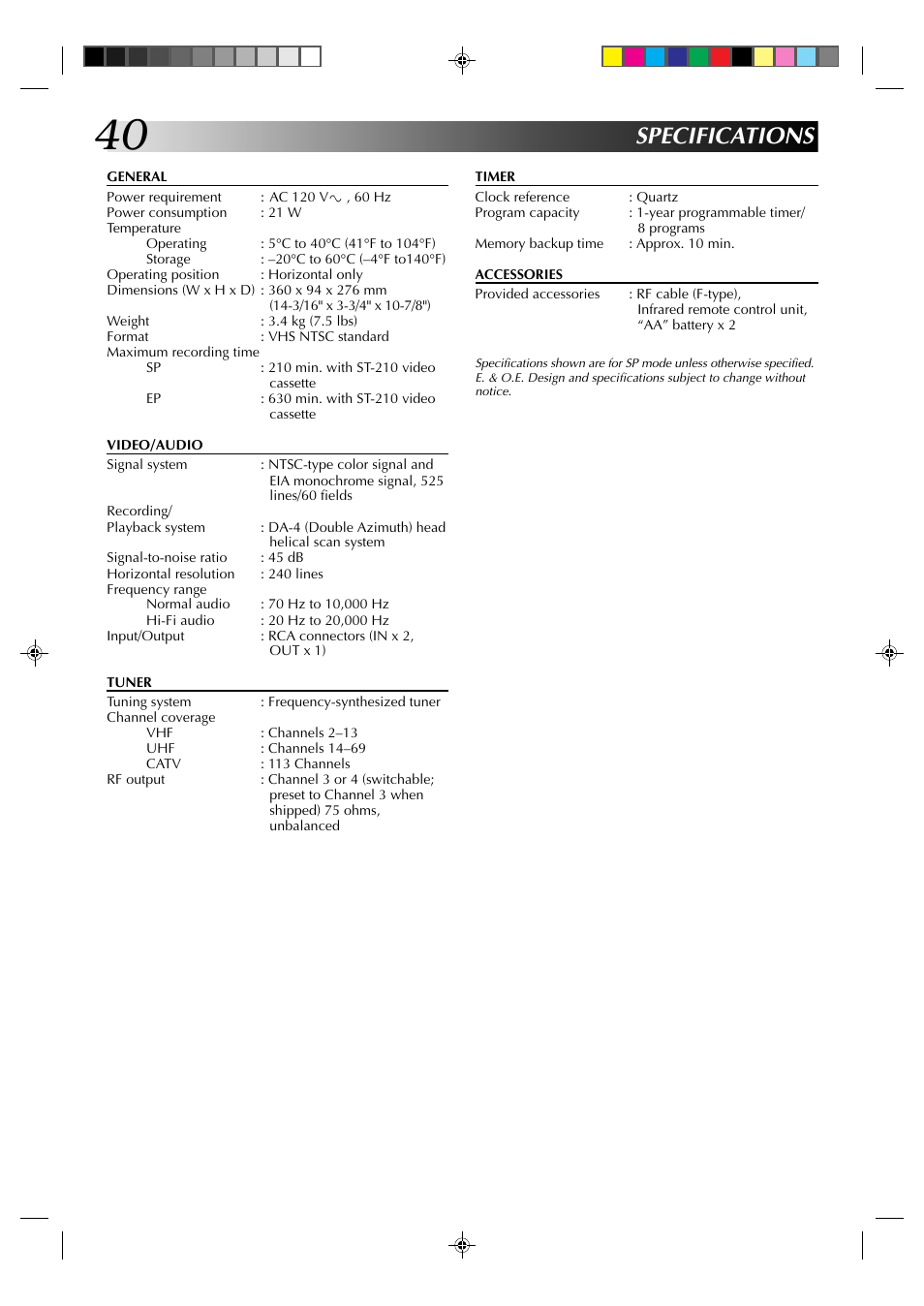 Specifications | JVC HR-A62U User Manual | Page 40 / 44