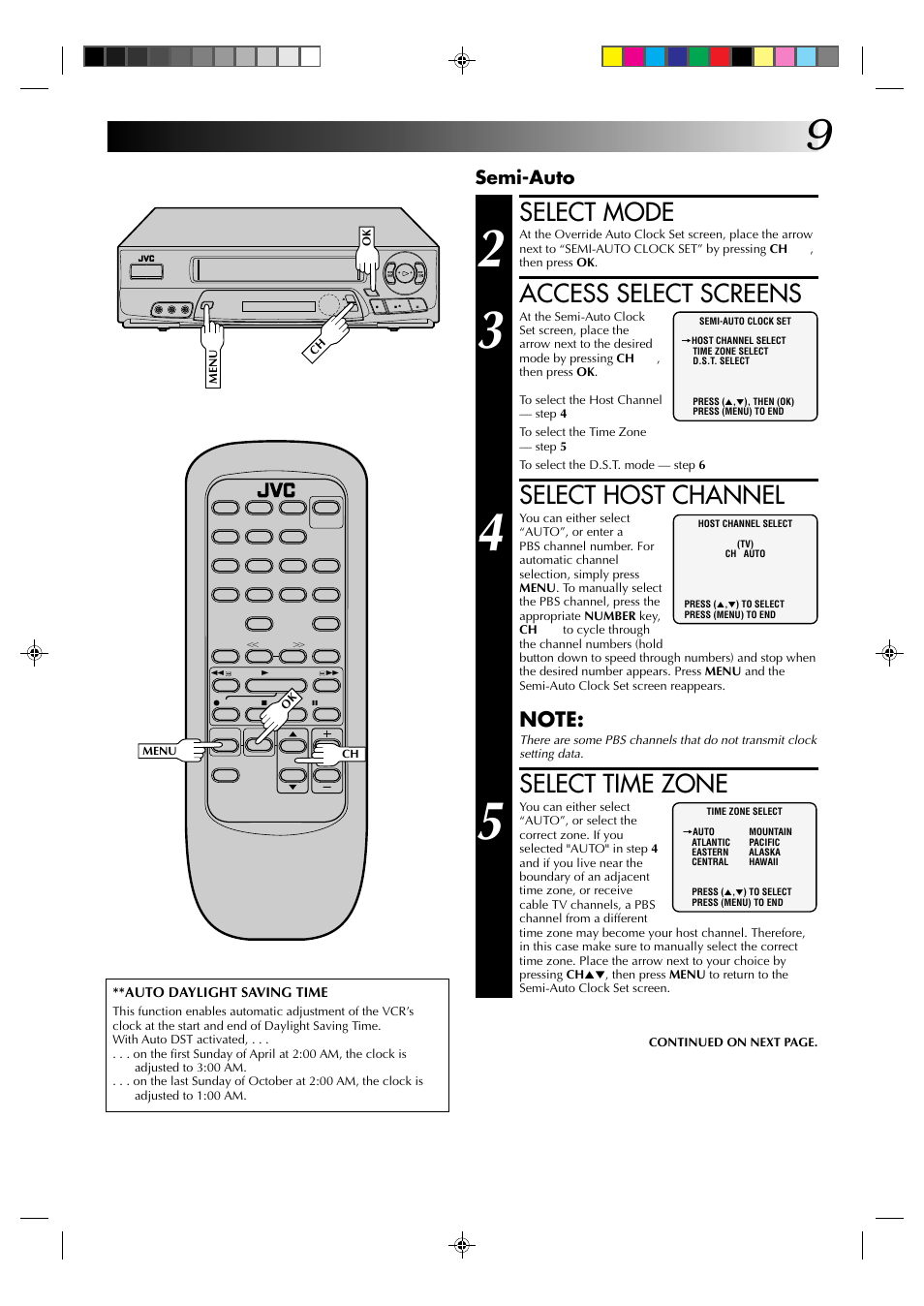 Select mode, Access select screens, Select host channel | Select time zone, Semi-auto | JVC HR-A62U User Manual | Page 9 / 44