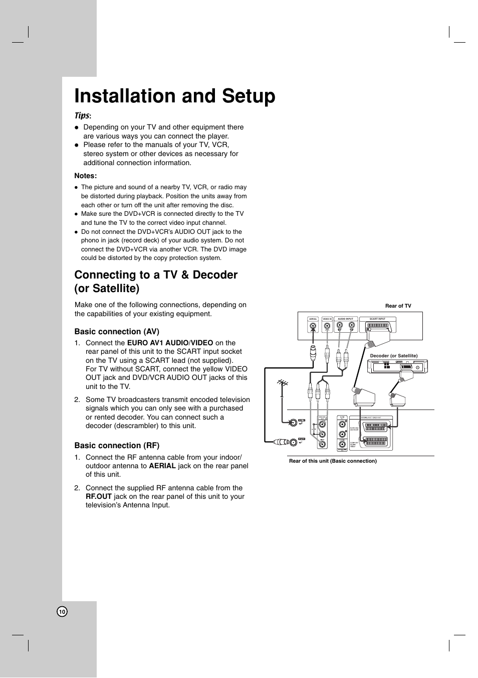 Installation and setup, Connecting to a tv & decoder (or satellite), Basic connection (av) | Basic connection (rf) | JVC 3834RV0038A User Manual | Page 10 / 43