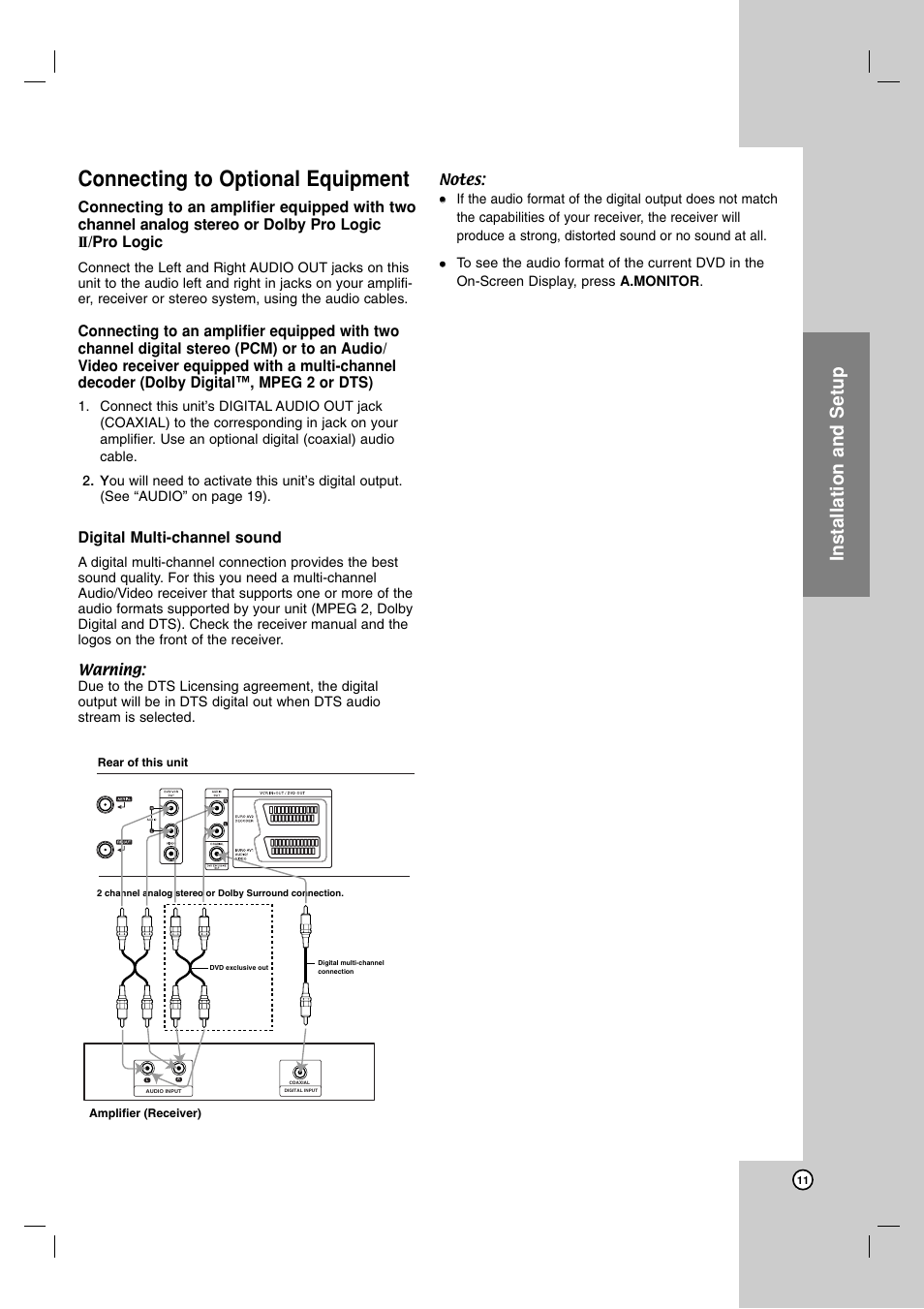 Connecting to optional equipment, Installation and setup, Digital multi-channel sound | JVC 3834RV0038A User Manual | Page 11 / 43