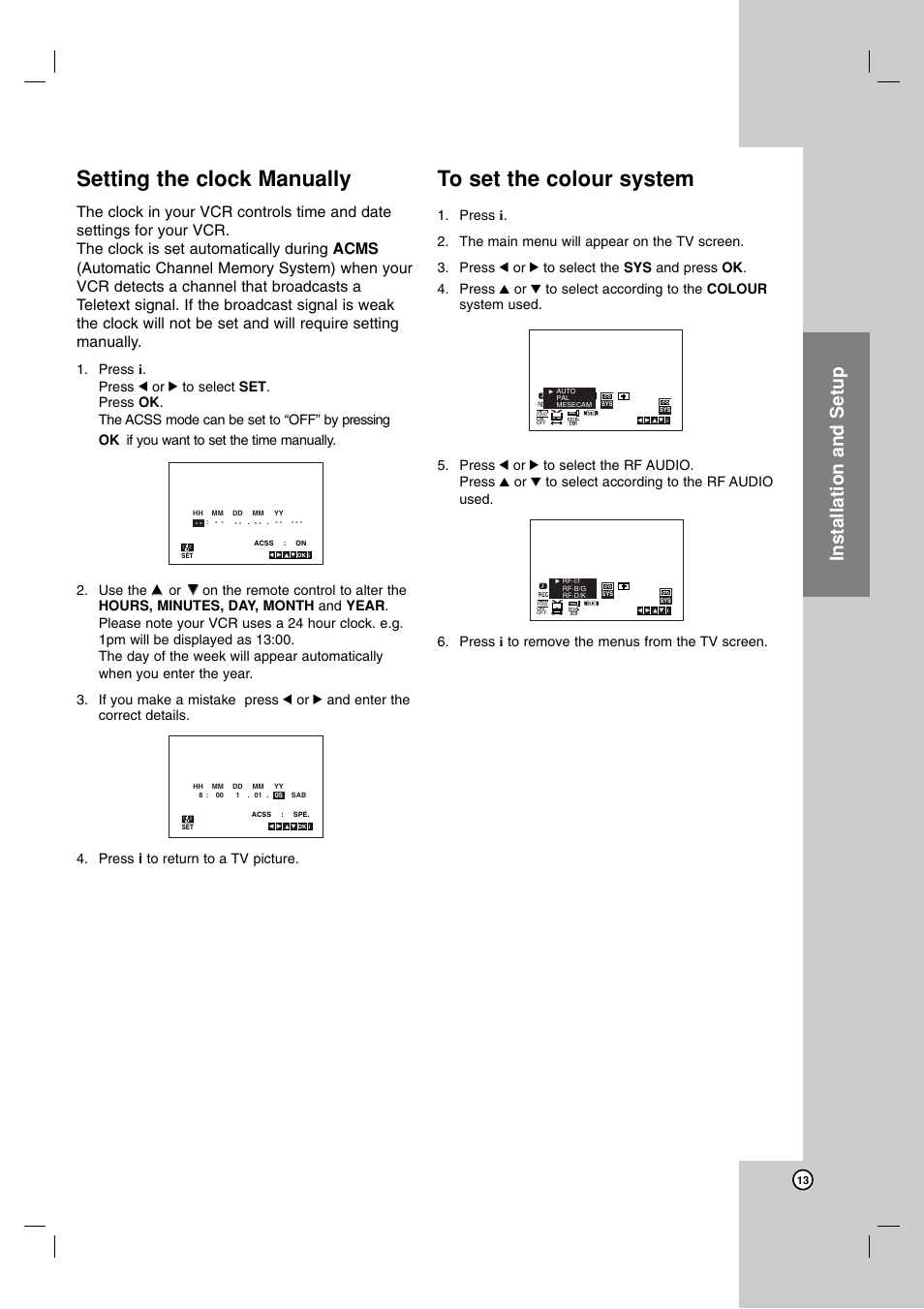 Setting the clock manually, To set the colour system, Installation and setup | JVC 3834RV0038A User Manual | Page 13 / 43