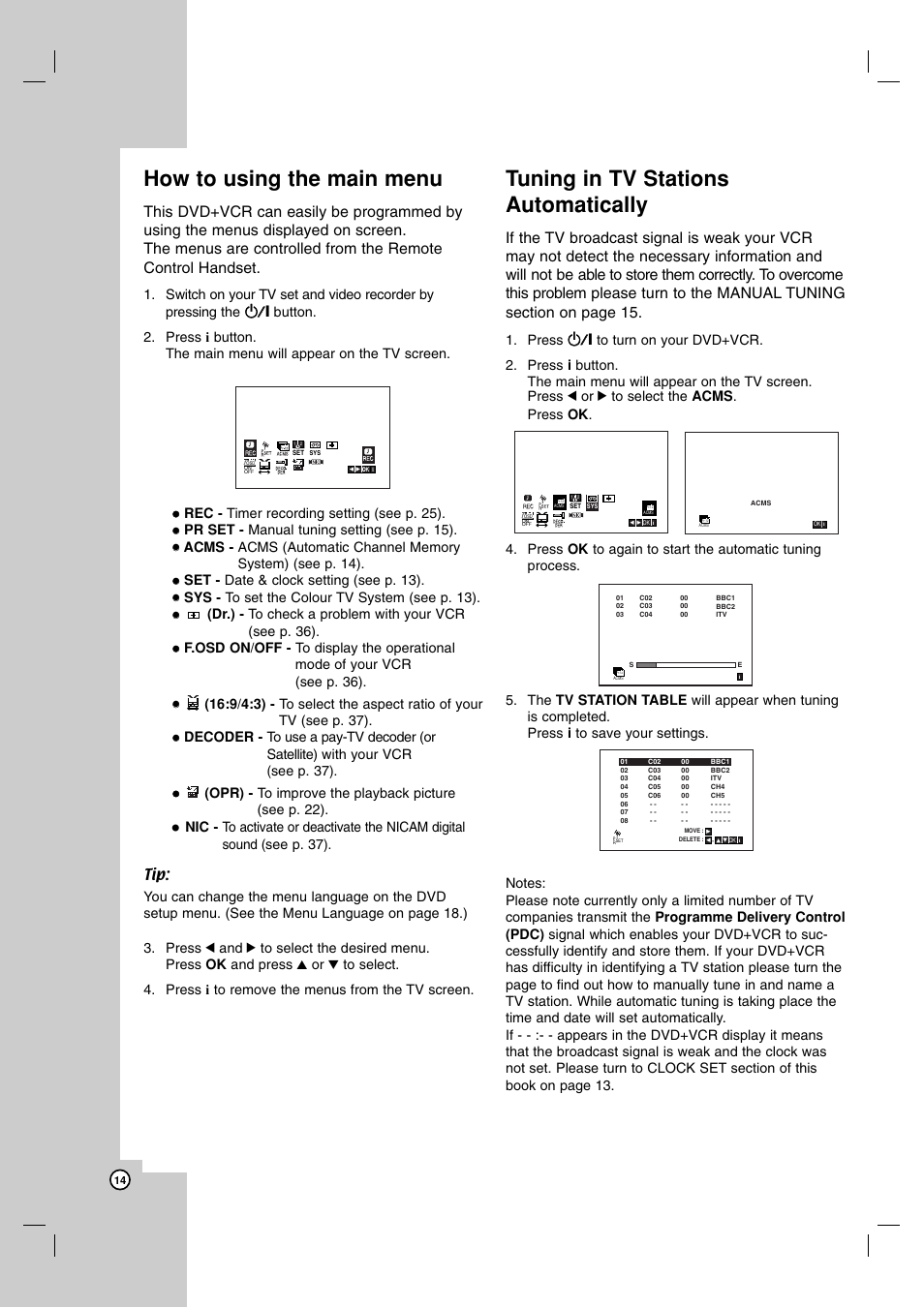 How to using the main menu, Tuning in tv stations automatically | JVC 3834RV0038A User Manual | Page 14 / 43