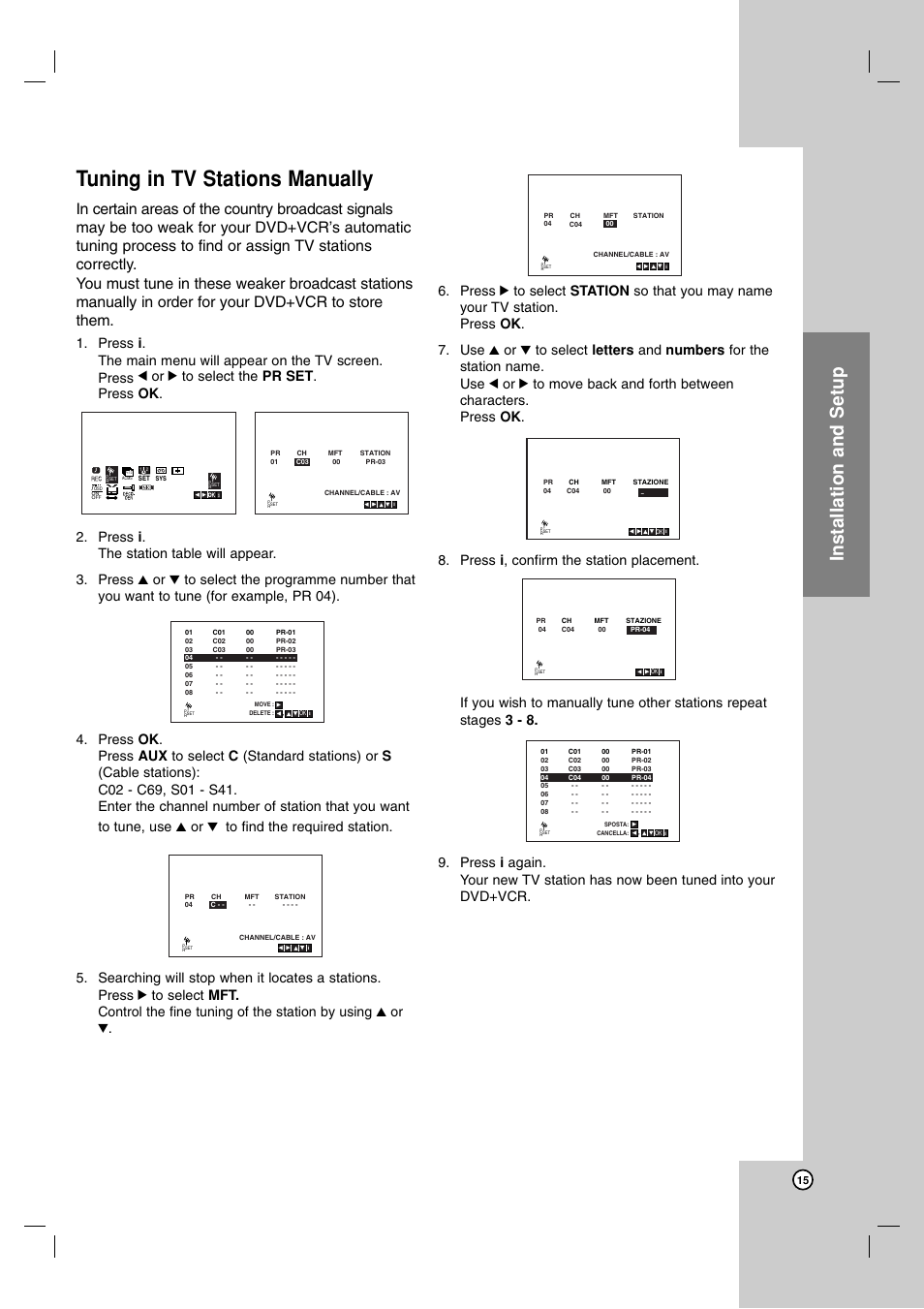 Tuning in tv stations manually, Installation and setup | JVC 3834RV0038A User Manual | Page 15 / 43