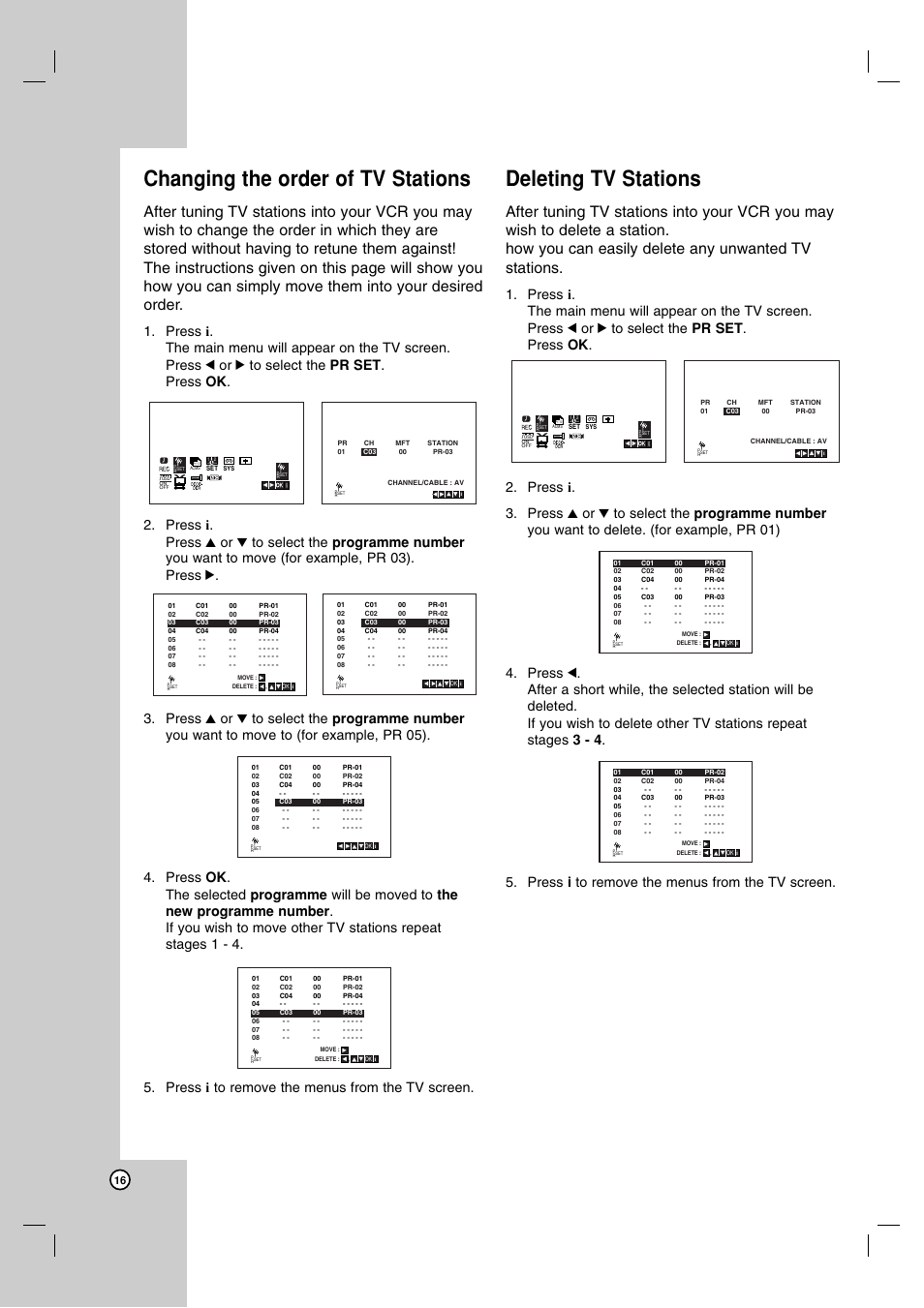 Changing the order of tv stations, Deleting tv stations | JVC 3834RV0038A User Manual | Page 16 / 43