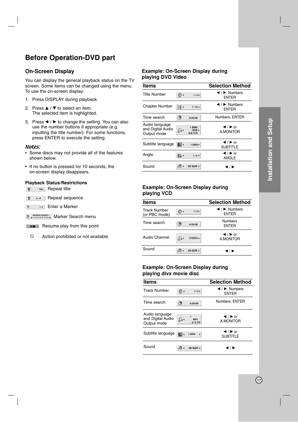 Before operation-dvd part, On-screen display, Installation and setup | Selection method, Items | JVC 3834RV0038A User Manual | Page 17 / 43