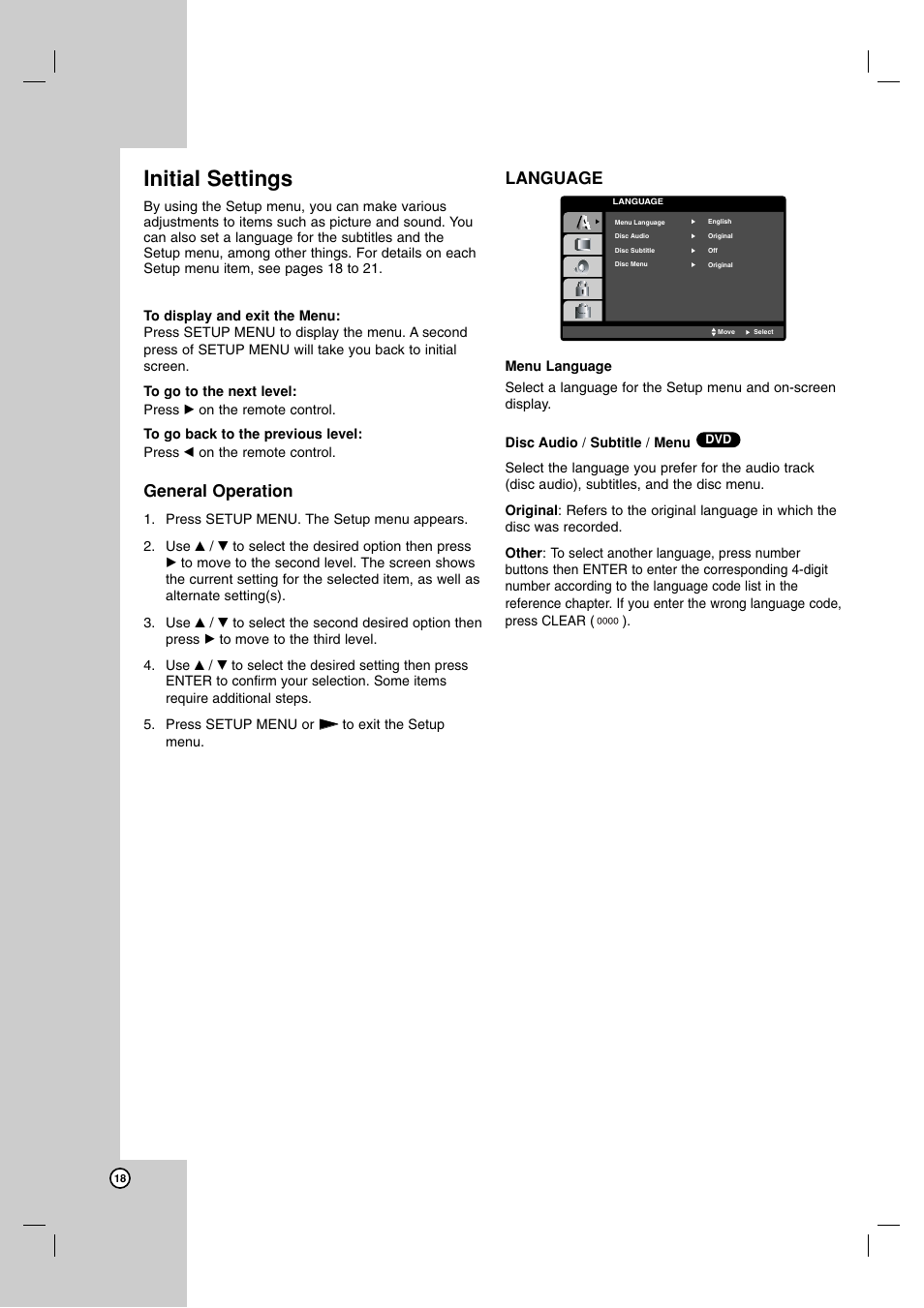 Initial settings, General operation, Language | Menu language, Disc audio / subtitle / menu | JVC 3834RV0038A User Manual | Page 18 / 43