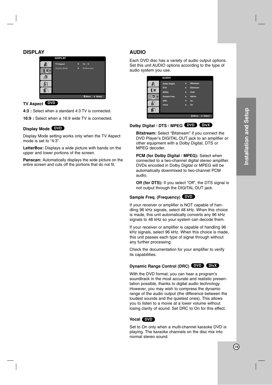Display, Tv aspect, Display mode | Audio, Dolby digital / dts / mpeg, Sample freq. (frequency), Dynamic range control (drc), Vocal, Installation and setup | JVC 3834RV0038A User Manual | Page 19 / 43