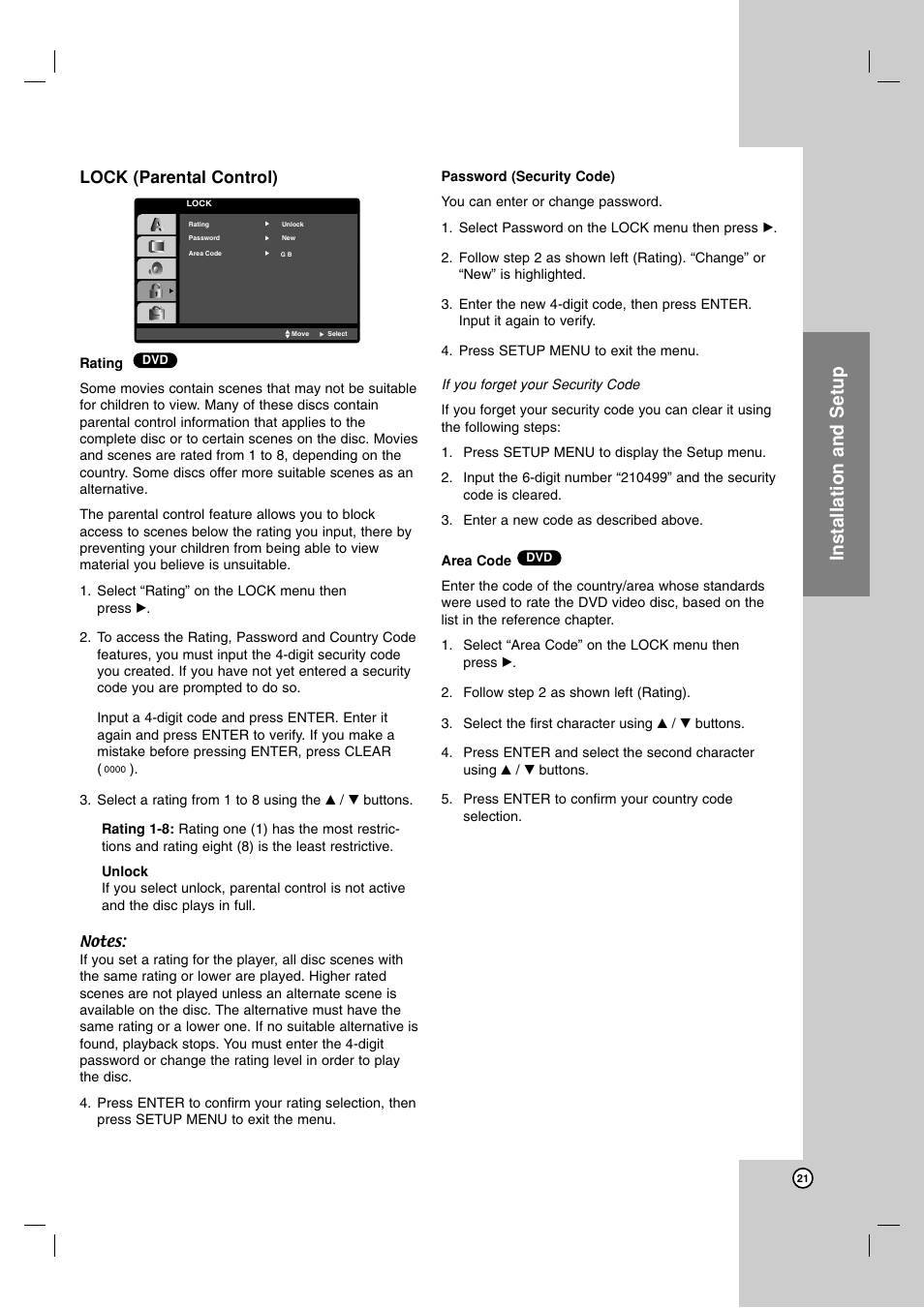 Lock (parental control), Rating, Password (security code) | Area code, Installation and setup | JVC 3834RV0038A User Manual | Page 21 / 43