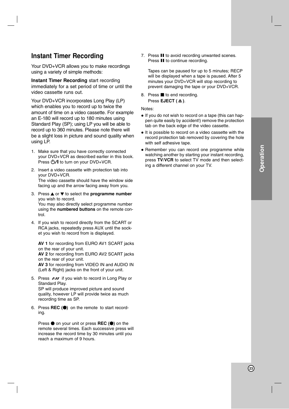Instant timer recording, Operation | JVC 3834RV0038A User Manual | Page 23 / 43