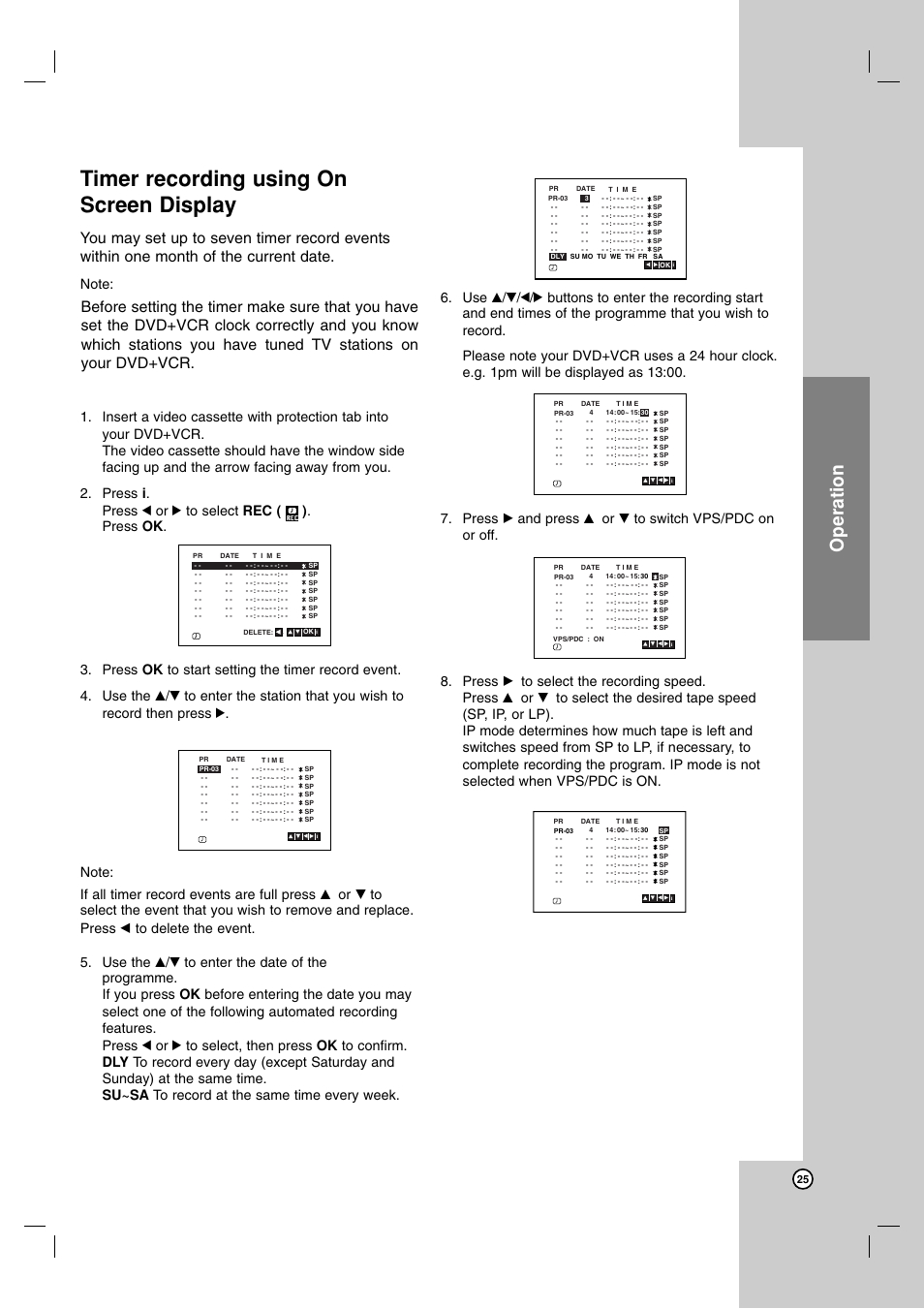 Timer recording using on screen display, Operation | JVC 3834RV0038A User Manual | Page 25 / 43