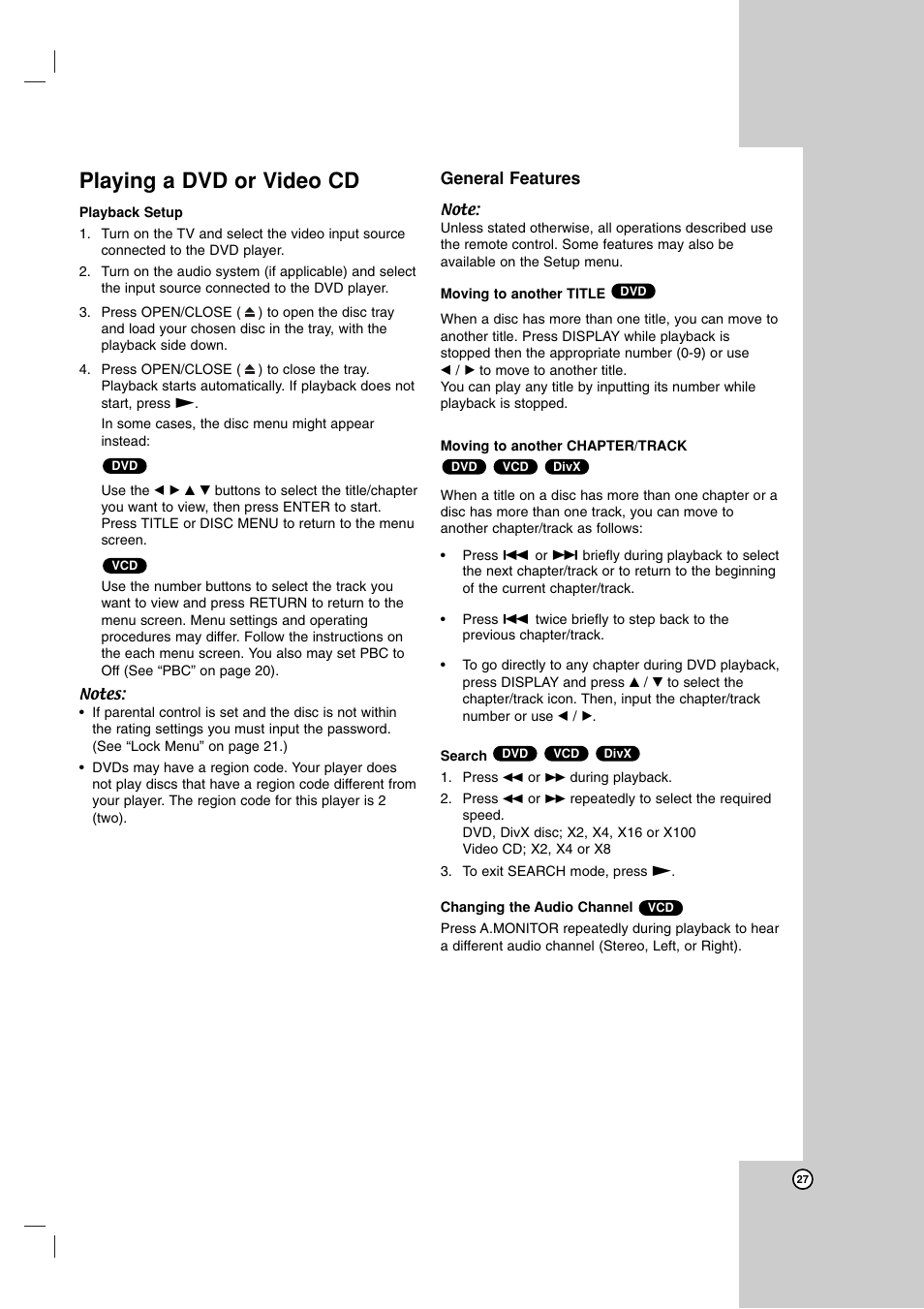 Playing a dvd or video cd, General features, Moving to another title | Moving to another chapter/track, Search, Changing the audio channel | JVC 3834RV0038A User Manual | Page 27 / 43