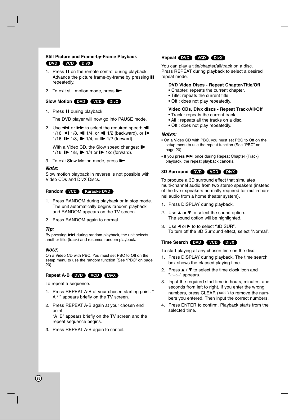 Still picture and frame-by-frame playback, Slow motion, Random | Repeat a-b, Repeat, 3d surround, Time search | JVC 3834RV0038A User Manual | Page 28 / 43