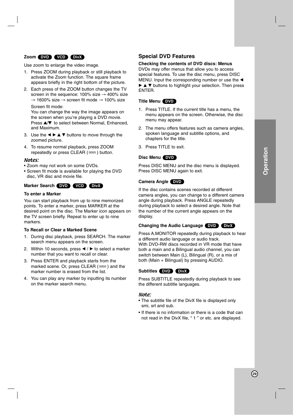 Zoom, Marker search, Special dvd features | Title menu, Disc menu, Camera angle, Changing the audio language, Subtitles, Operation | JVC 3834RV0038A User Manual | Page 29 / 43