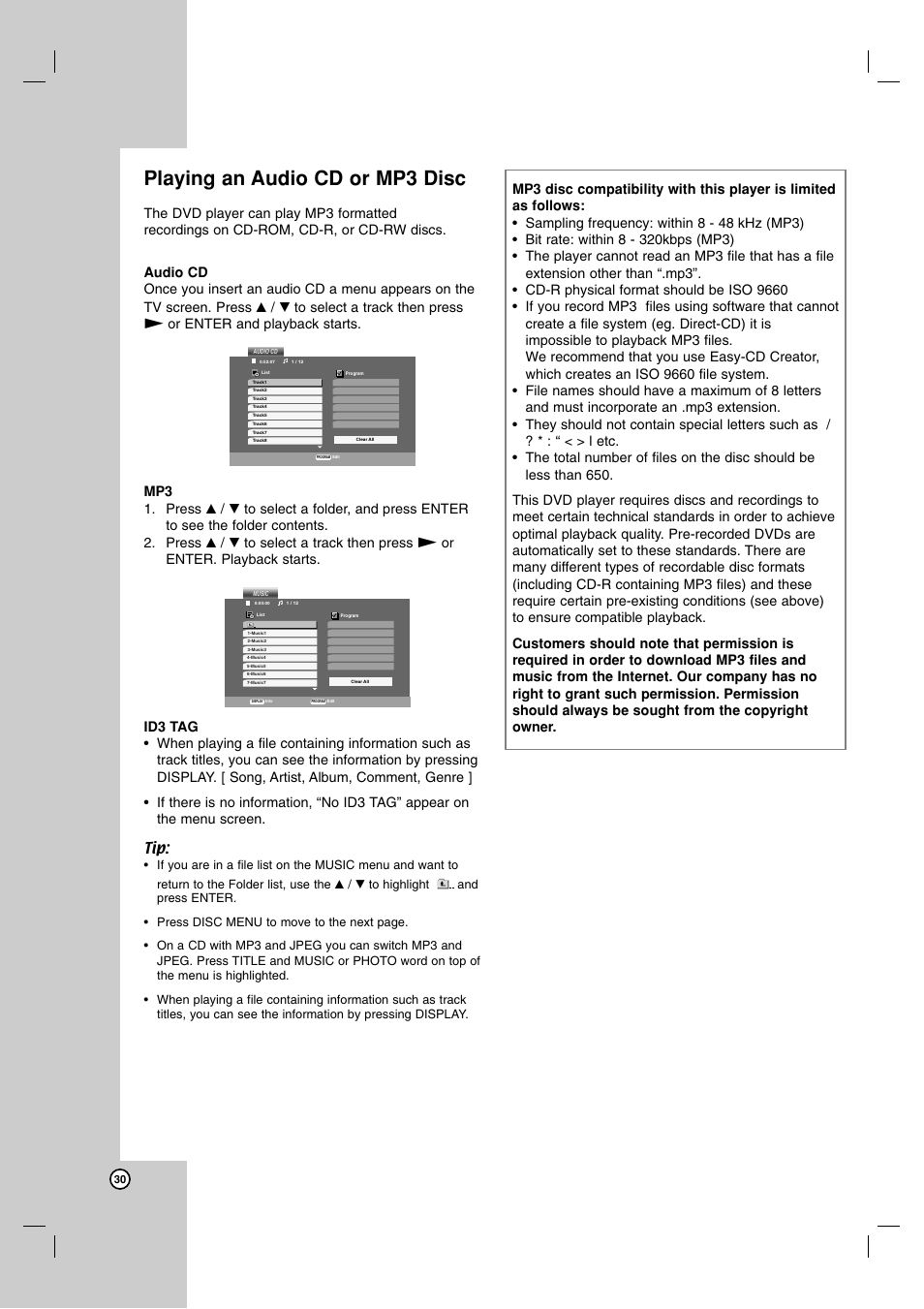 Playing an audio cd or mp3 disc | JVC 3834RV0038A User Manual | Page 30 / 43