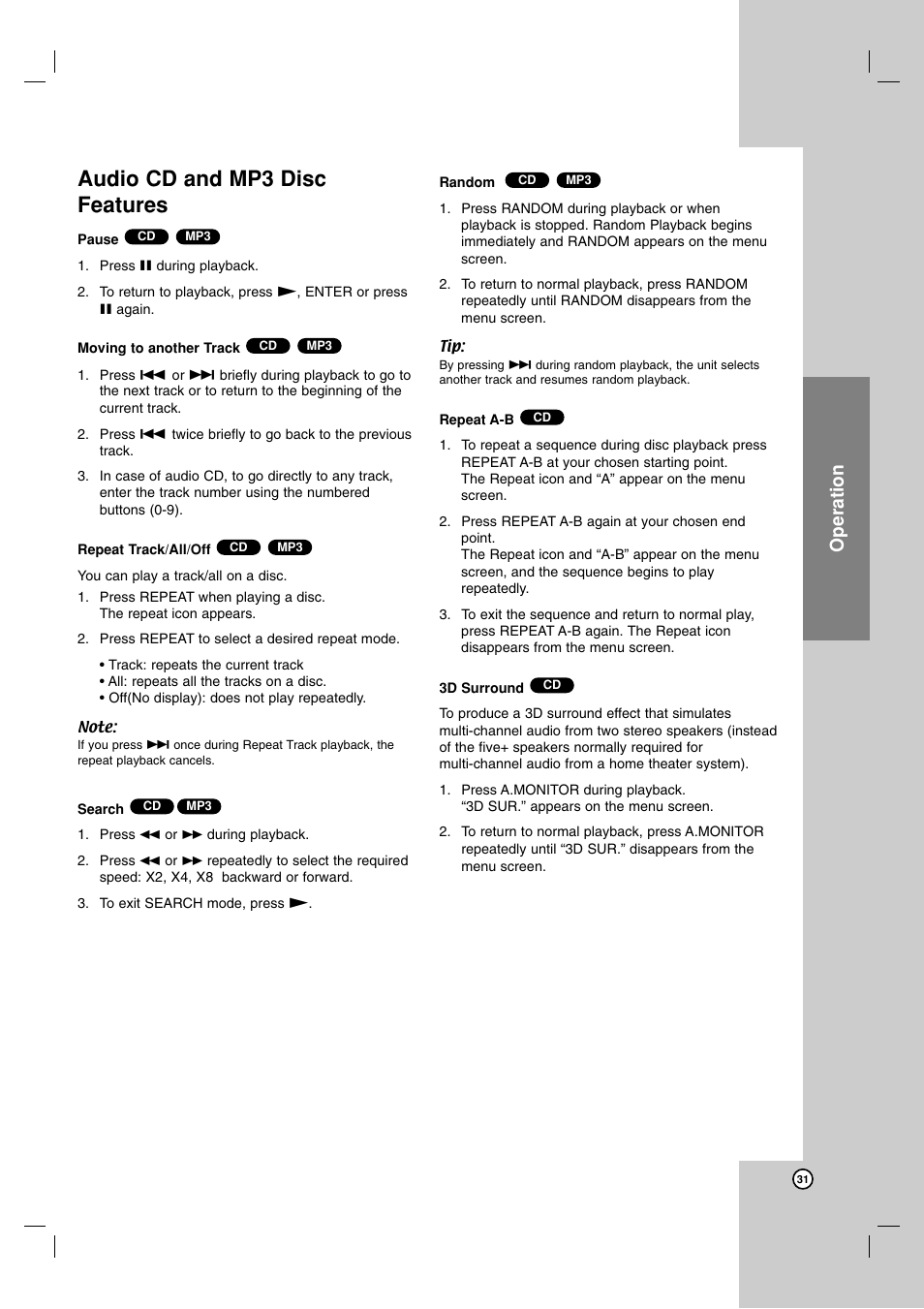 Audio cd and mp3 disc features, Pause, Moving to another track | Repeat track/all/off, Search, Random, Repeat a-b, 3d surround, Operation | JVC 3834RV0038A User Manual | Page 31 / 43