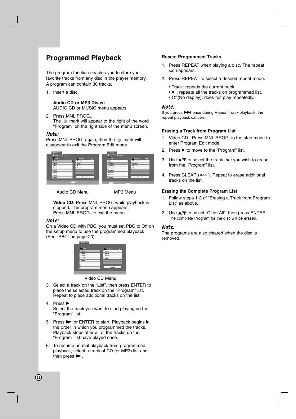 Programmed playback, Repeat programmed tracks, Erasing a track from program list | Erasing the complete program list, The complete program for the disc will be erased | JVC 3834RV0038A User Manual | Page 32 / 43