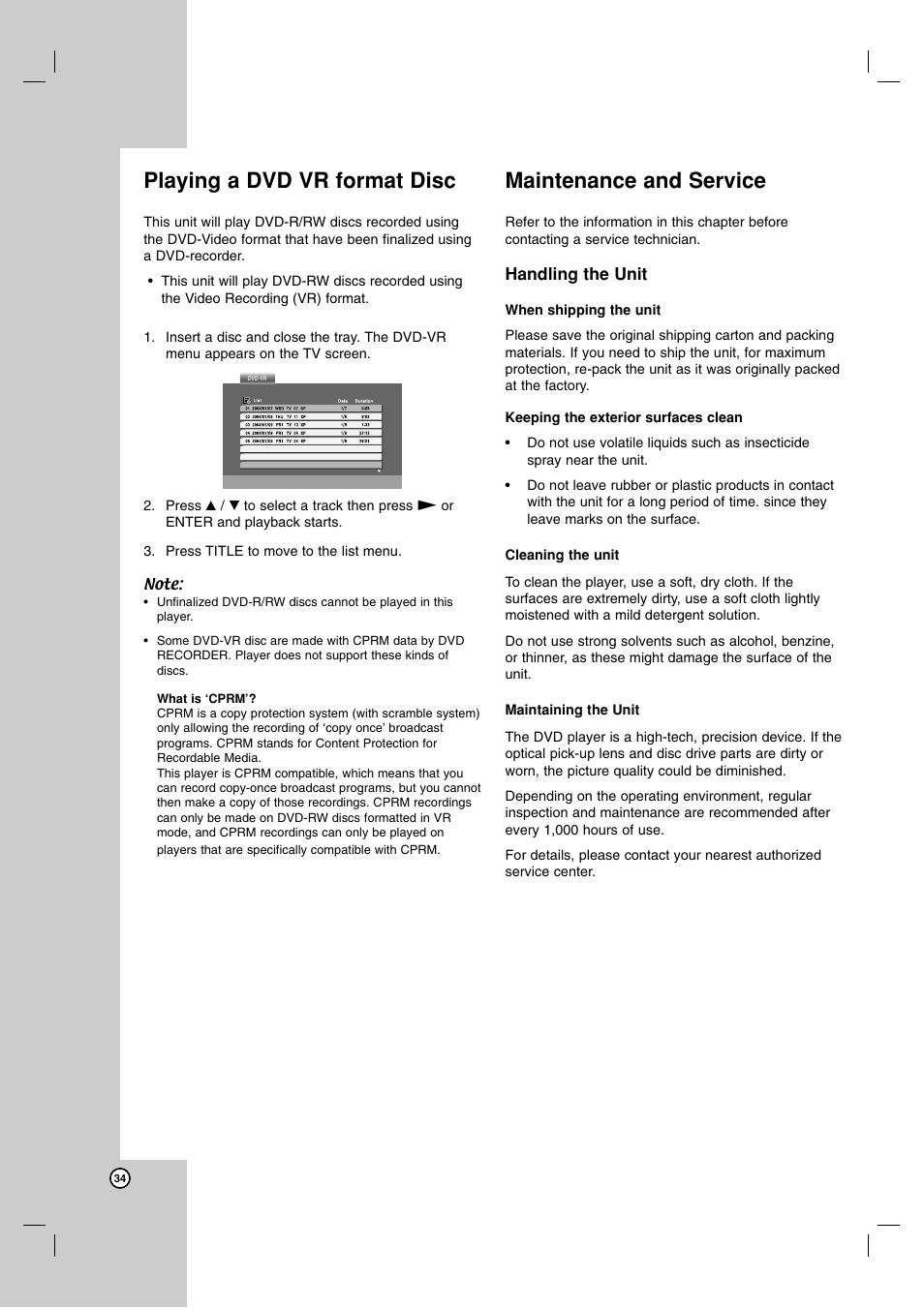 Playing a dvd vr format disc, Maintenance and service | JVC 3834RV0038A User Manual | Page 34 / 43