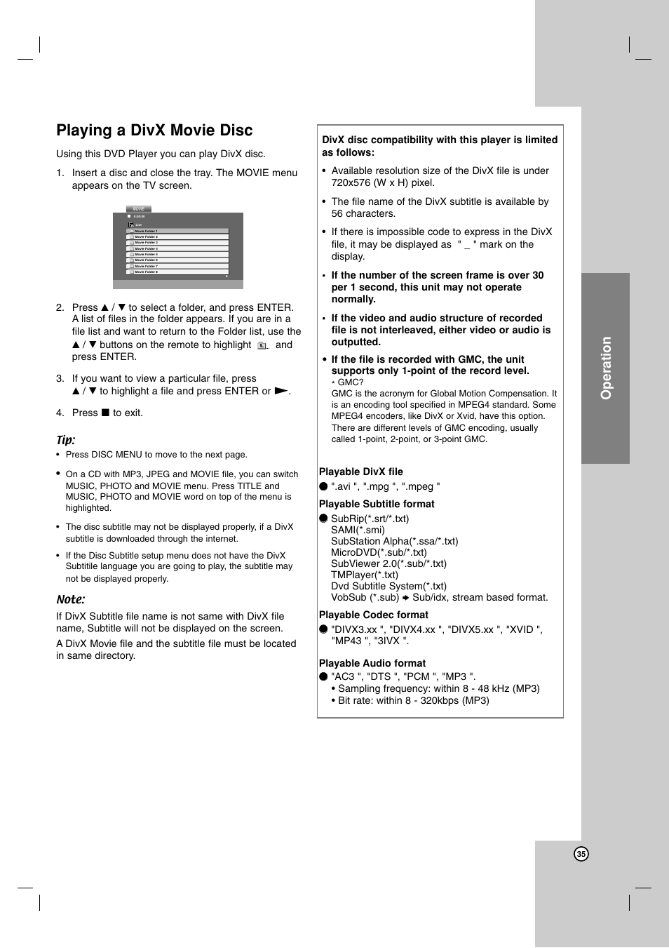 Playing a divx movie disc, Operation | JVC 3834RV0038A User Manual | Page 35 / 43