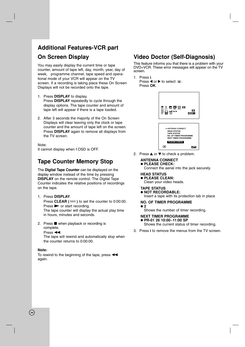 Additional features-vcr part, On screen display, Tape counter memory stop | Video doctor (self-diagnosis), Additional features-vcr part on screen display | JVC 3834RV0038A User Manual | Page 36 / 43