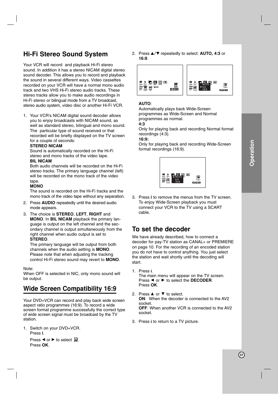 Hi-fi stereo sound system, Wide screen compatibility 16:9, To set the decoder | Operation | JVC 3834RV0038A User Manual | Page 37 / 43