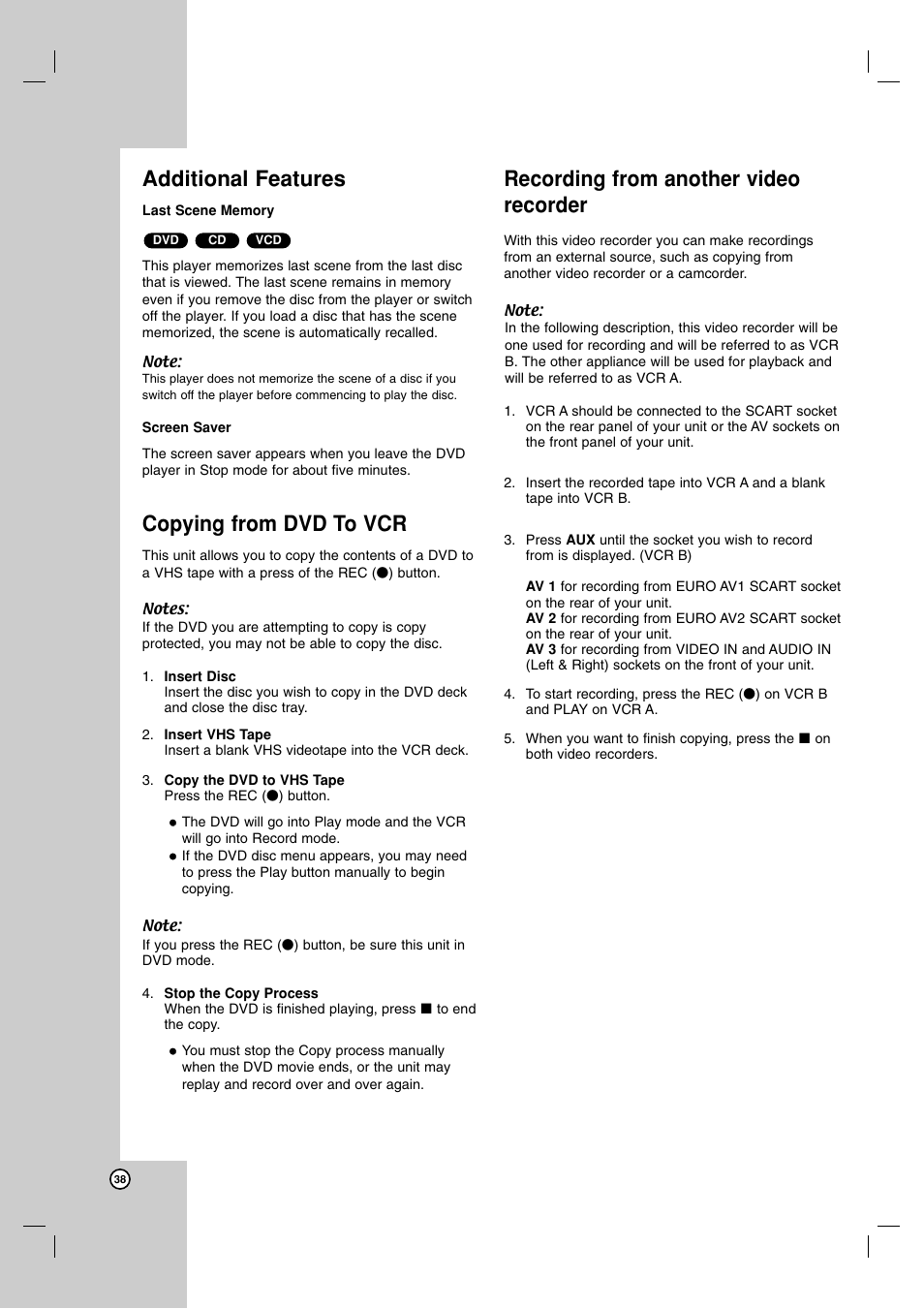 Additional features, Last scene memory, Screen saver | Copying from dvd to vcr, Recording from another video recorder | JVC 3834RV0038A User Manual | Page 38 / 43