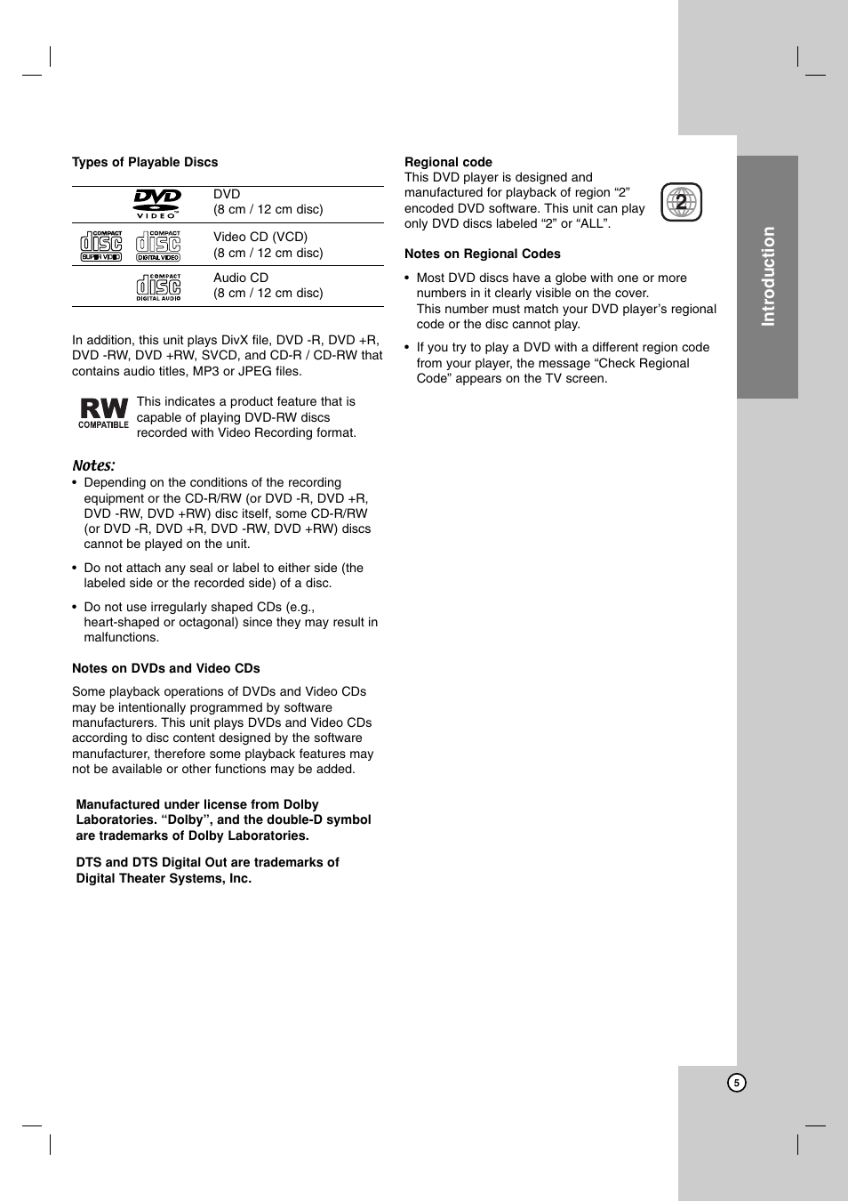 Types of playable discs, Regional code, Introduction | JVC 3834RV0038A User Manual | Page 5 / 43