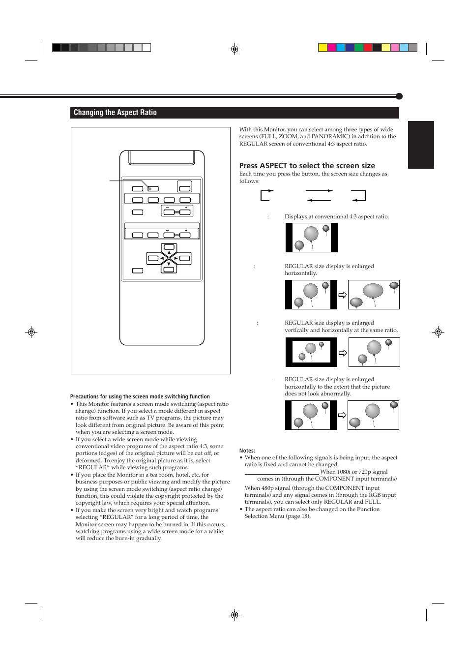 English changing the aspect ratio, Press aspect to select the screen size | JVC GD-V4200PCE-G User Manual | Page 13 / 32