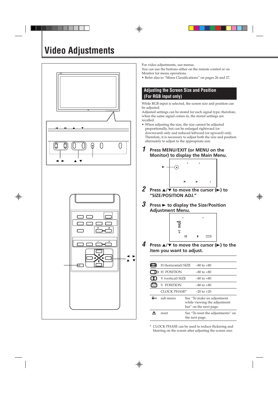 Video adjustments, Menu input power | JVC GD-V4200PCE-G User Manual | Page 14 / 32