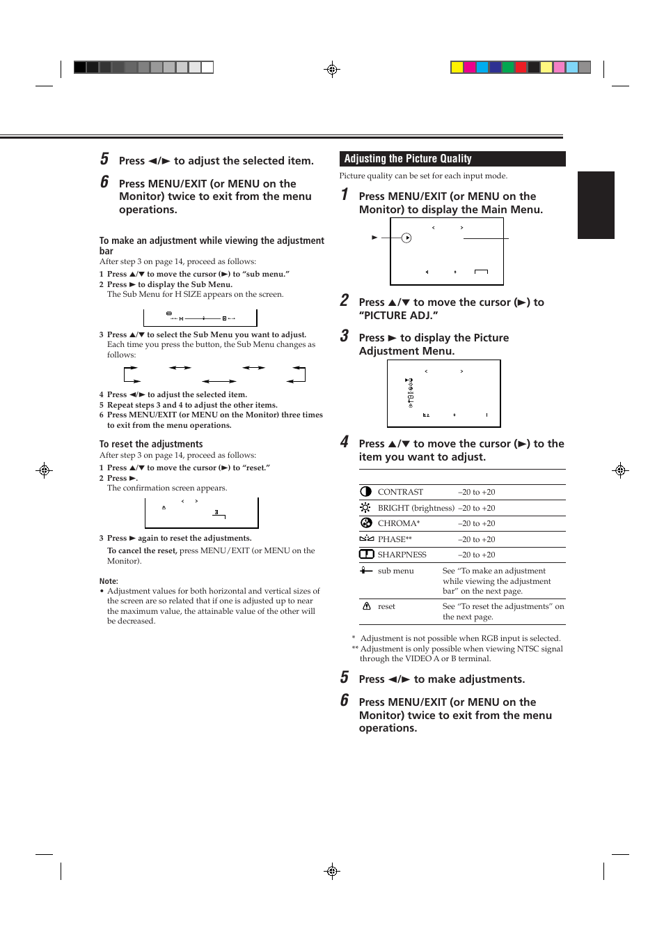 English, Press 2 / 3 to adjust the selected item, Adjusting the picture quality | Press 3 to display the picture adjustment menu, Press 2 / 3 to make adjustments | JVC GD-V4200PCE-G User Manual | Page 15 / 32