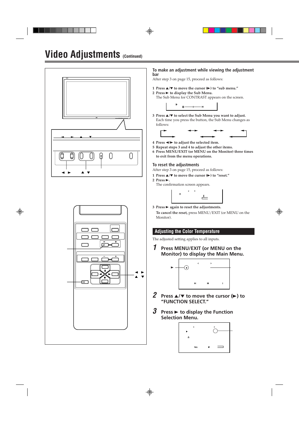 Video adjustments, Adjusting the color temperature, Press 3 to display the function selection menu | Menu input power | JVC GD-V4200PCE-G User Manual | Page 16 / 32