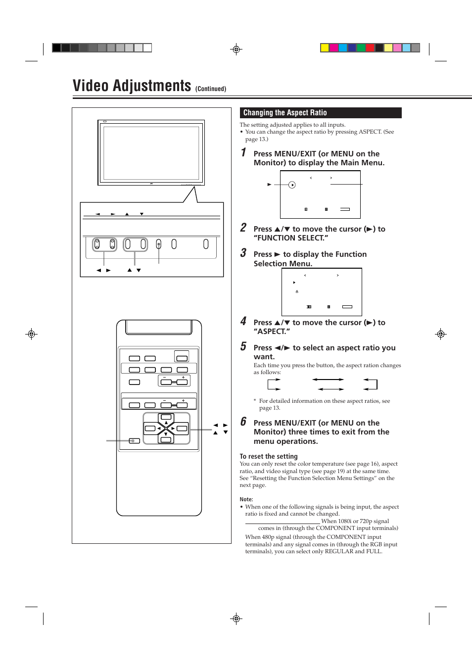 Video adjustments, Changing the aspect ratio, Press 3 to display the function selection menu | Press 5 / ∞ to move the cursor ( 3 ) to “aspect, Press 2 / 3 to select an aspect ratio you want | JVC GD-V4200PCE-G User Manual | Page 18 / 32