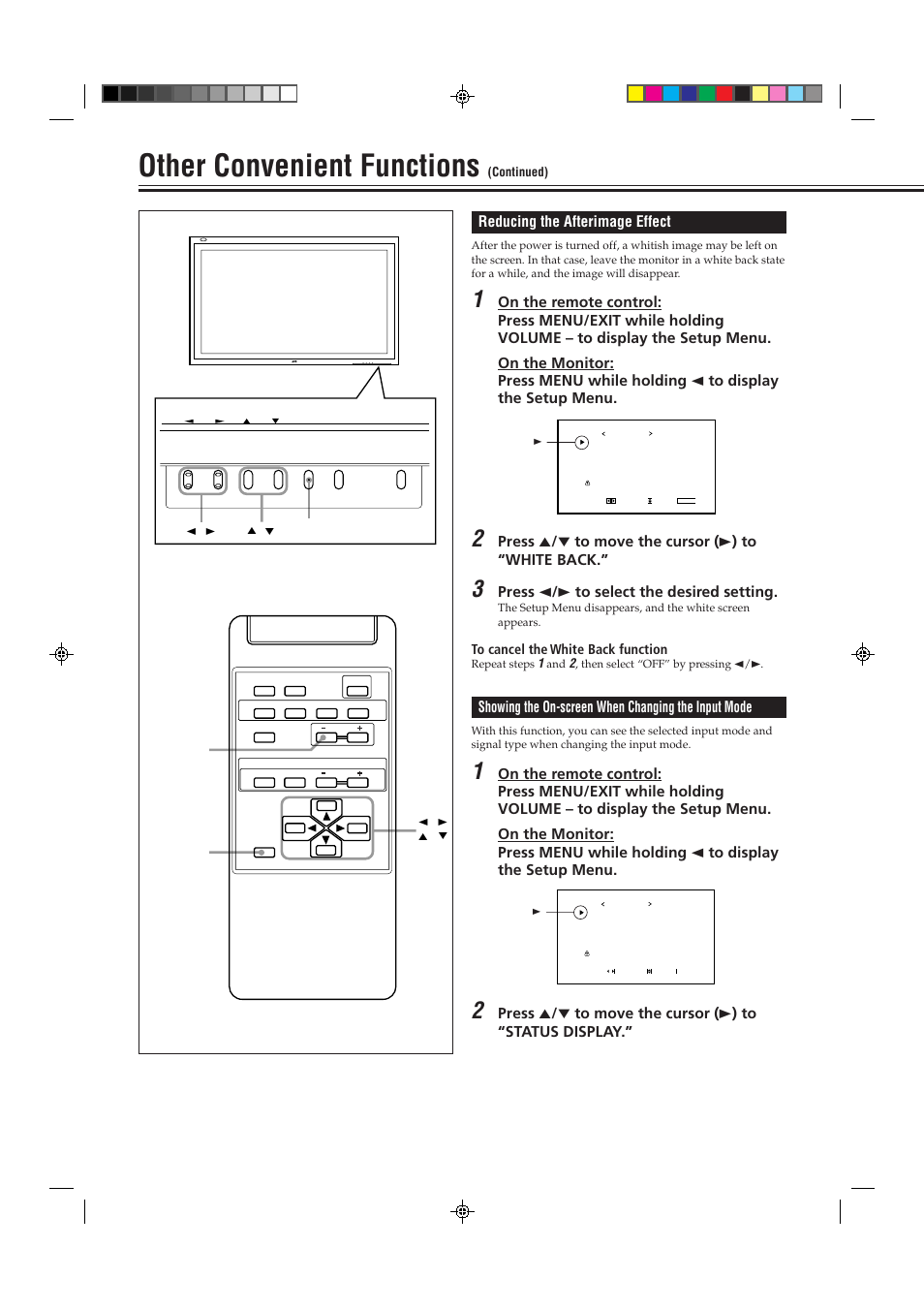 Other convenient functions, Reducing the afterimage effect, Press 2 / 3 to select the desired setting | Showing the on-screen when changing the input mode | JVC GD-V4200PCE-G User Manual | Page 22 / 32