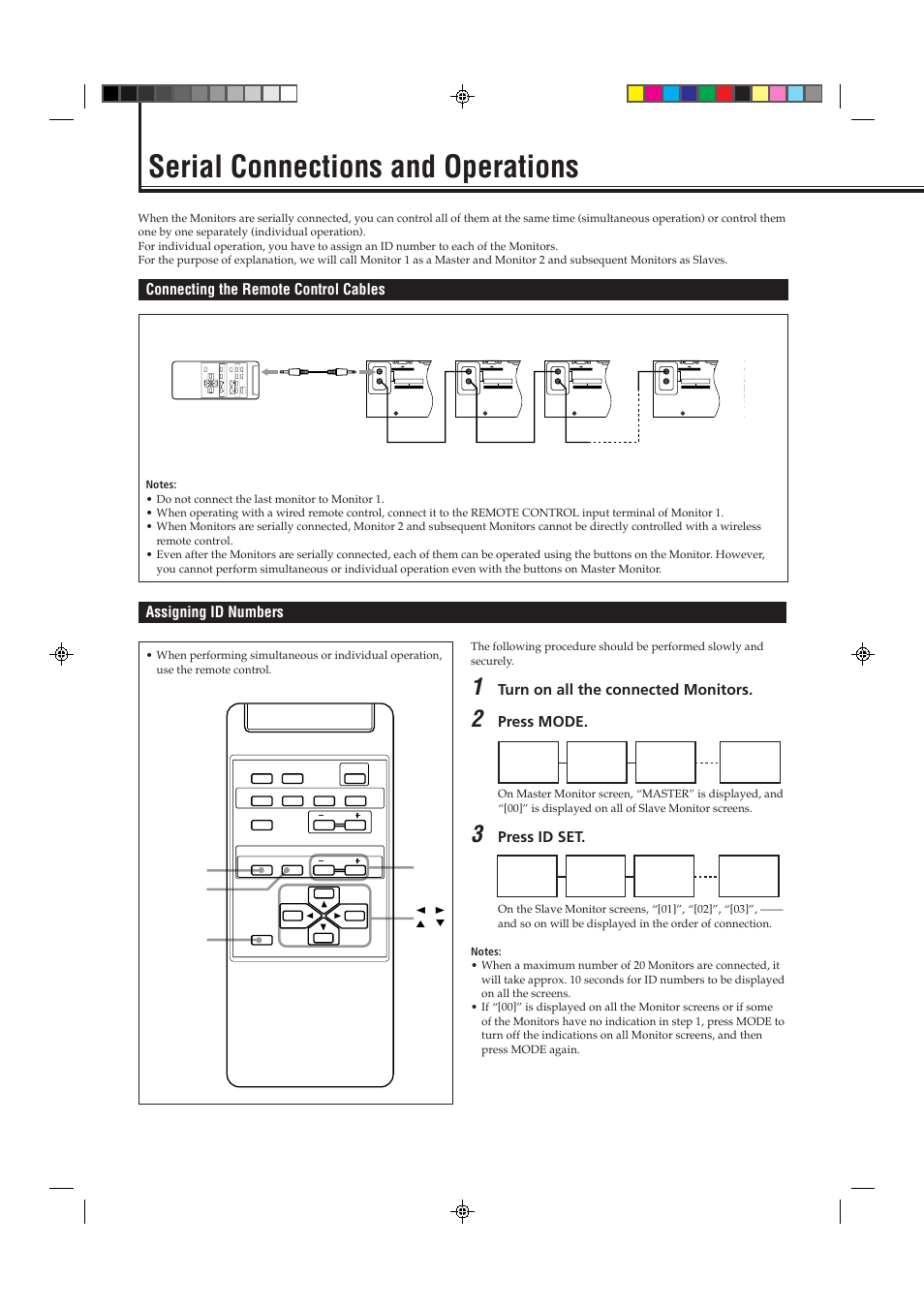 Serial connections and operations, Connecting the remote control cables, Assigning id numbers | Turn on all the connected monitors, Press mode, Press id set, Multiple monitor adjustment) | JVC GD-V4200PCE-G User Manual | Page 24 / 32