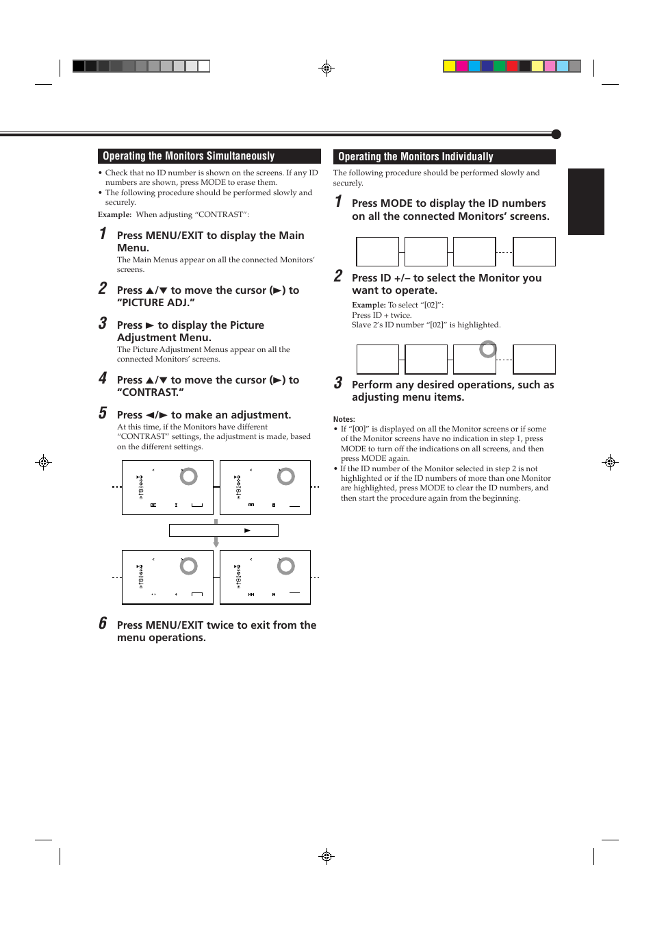 English operating the monitors simultaneously, Press menu/exit to display the main menu, Press 3 to display the picture adjustment menu | Press 5 / ∞ to move the cursor ( 3 ) to “contrast, Press 2 / 3 to make an adjustment | JVC GD-V4200PCE-G User Manual | Page 25 / 32