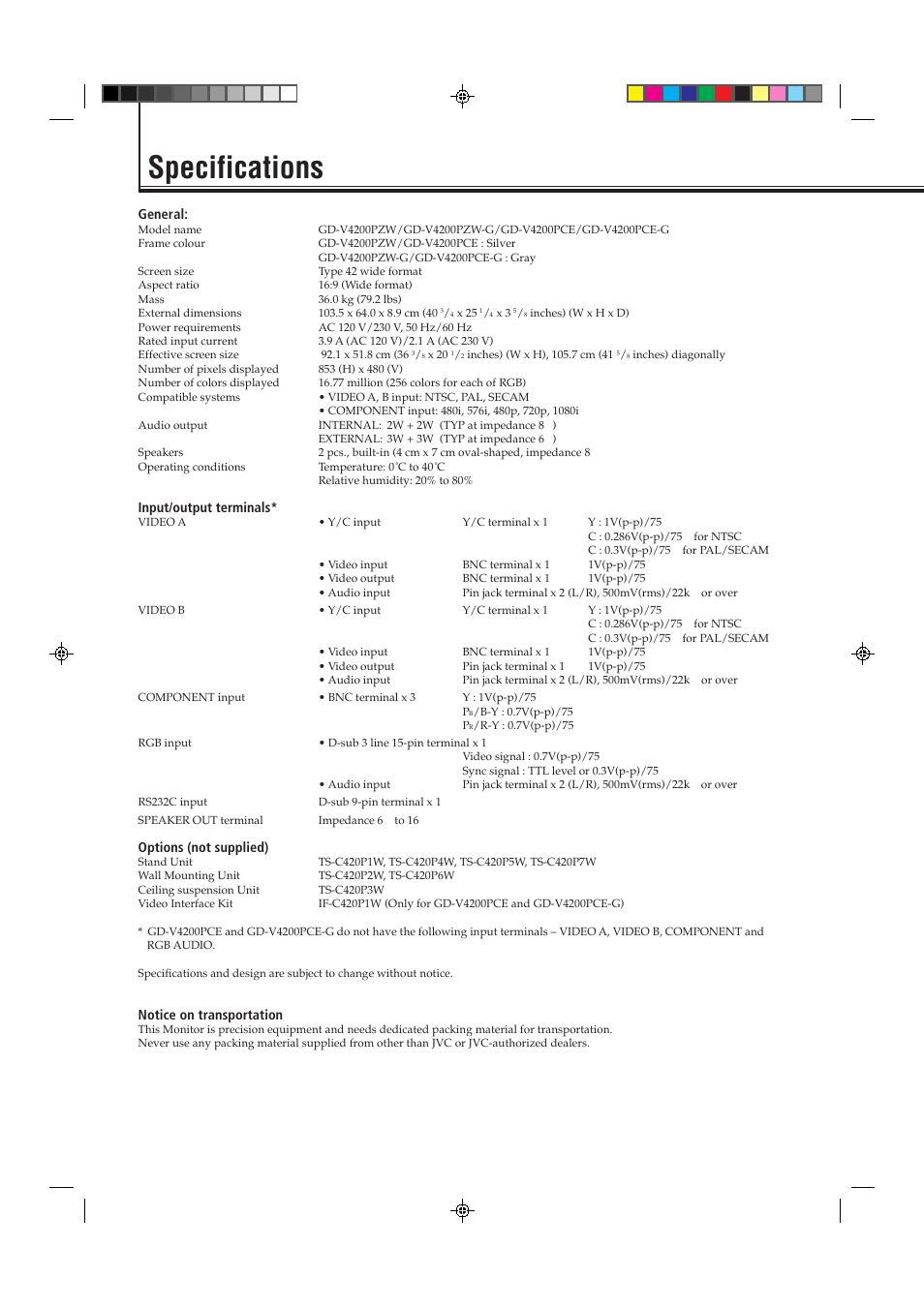 Specifications | JVC GD-V4200PCE-G User Manual | Page 30 / 32