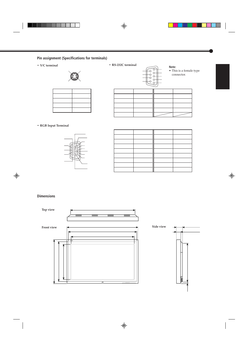 English, Pin assignment (specifications for terminals), Dimensions | Menu input power | JVC GD-V4200PCE-G User Manual | Page 31 / 32