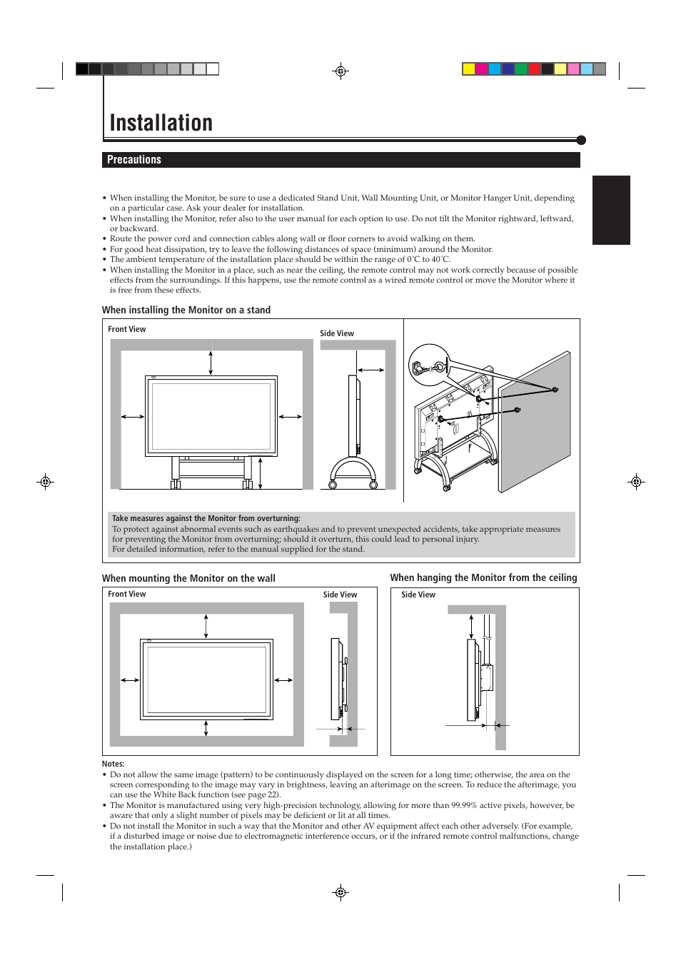 Installation, English precautions, Menu input power | When hanging the monitor from the ceiling | JVC GD-V4200PCE-G User Manual | Page 9 / 32
