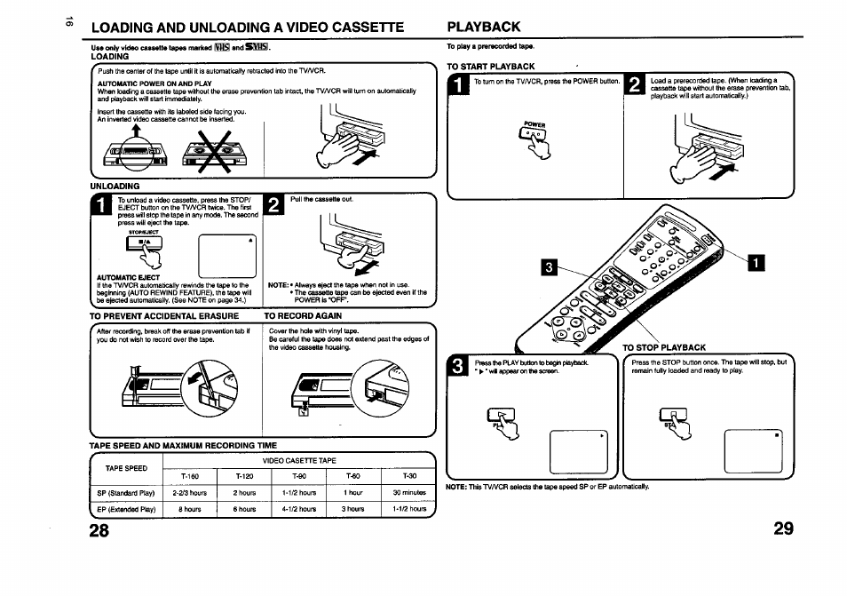 Andsms, Loading and unloading a video cassette playback | JVC TV 13140 User Manual | Page 16 / 28