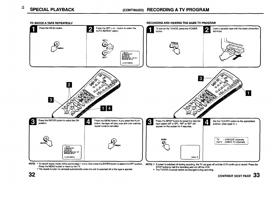 Special playback, Continued) recording a tv program, Recording a tv program | JVC TV 13140 User Manual | Page 18 / 28