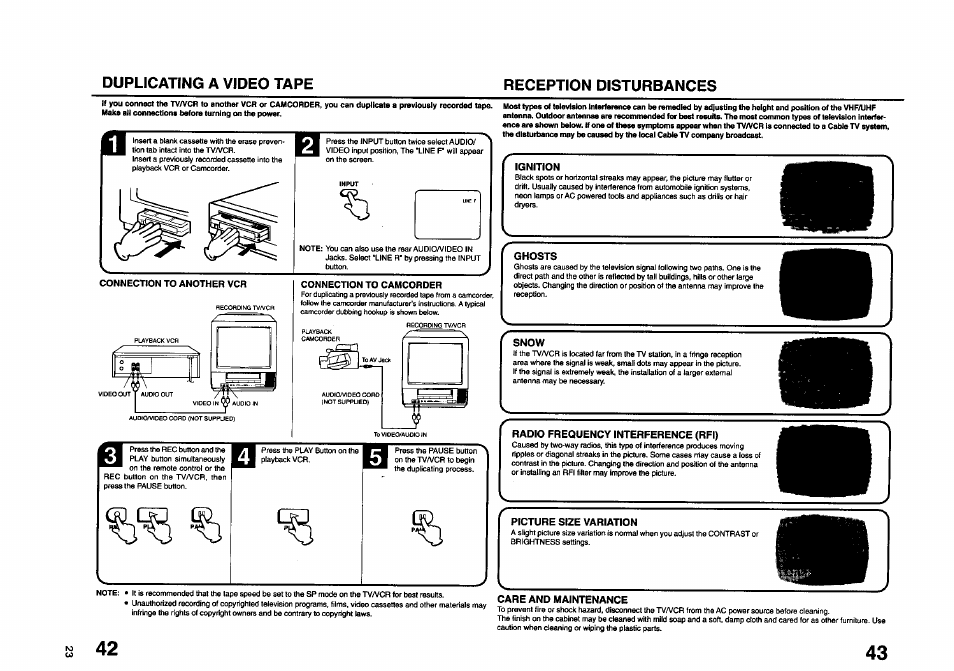 Ignition, Ghosts, Snow | Radio frequency interference (rfi), Picture size variation, Care and maintenance, Duplicating a video tape reception disturbances | JVC TV 13140 User Manual | Page 23 / 28
