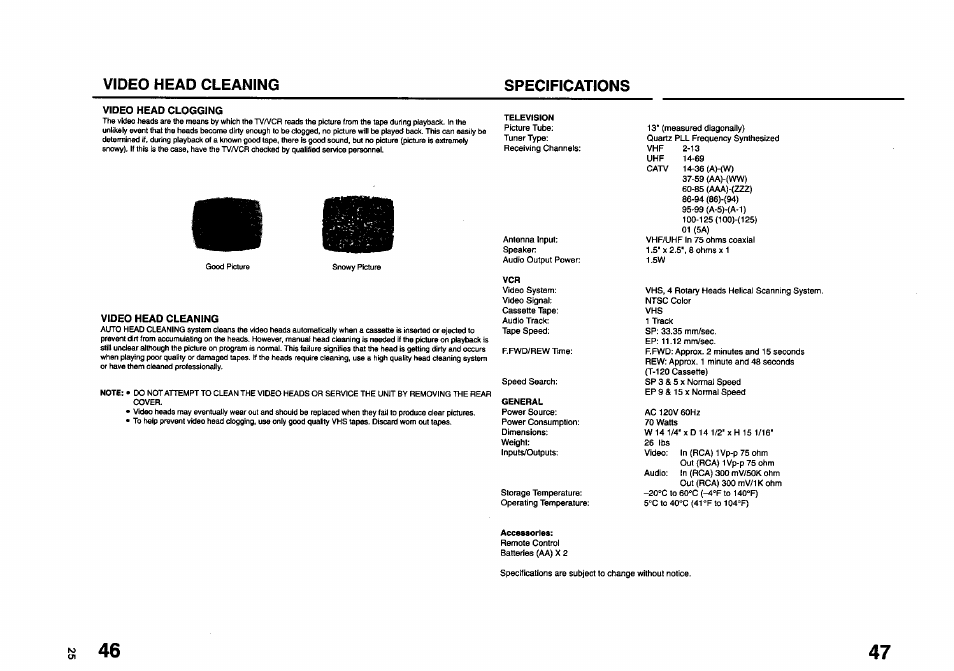 Video head cleaning specifications | JVC TV 13140 User Manual | Page 25 / 28