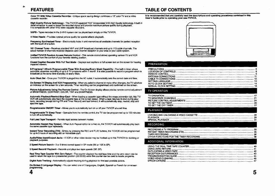 Features table of contents | JVC TV 13140 User Manual | Page 4 / 28