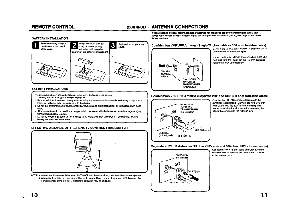 Battery installation, Battery precautions, Remote control | Antenna connections | JVC TV 13140 User Manual | Page 7 / 28