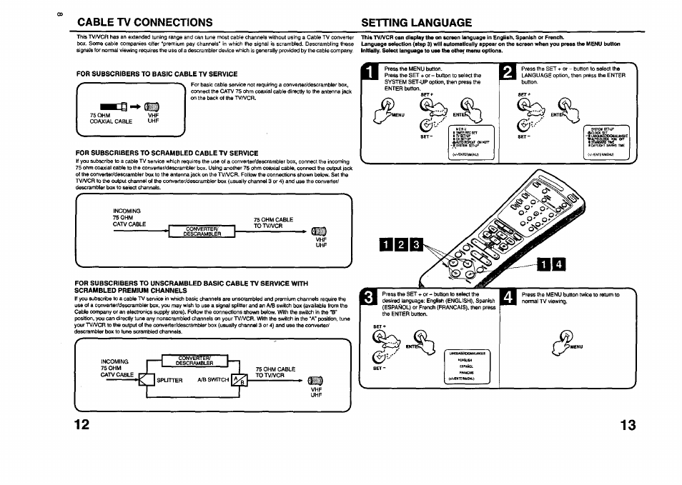 Cable tv connections setting language | JVC TV 13140 User Manual | Page 8 / 28