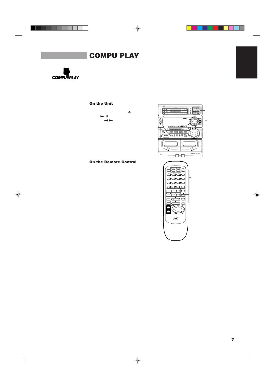 Compu play, 7english, Disc | Disc program /random repeat edit, On the unit, On the remote control, Compu play buttons | JVC CA-D752TR User Manual | Page 11 / 49