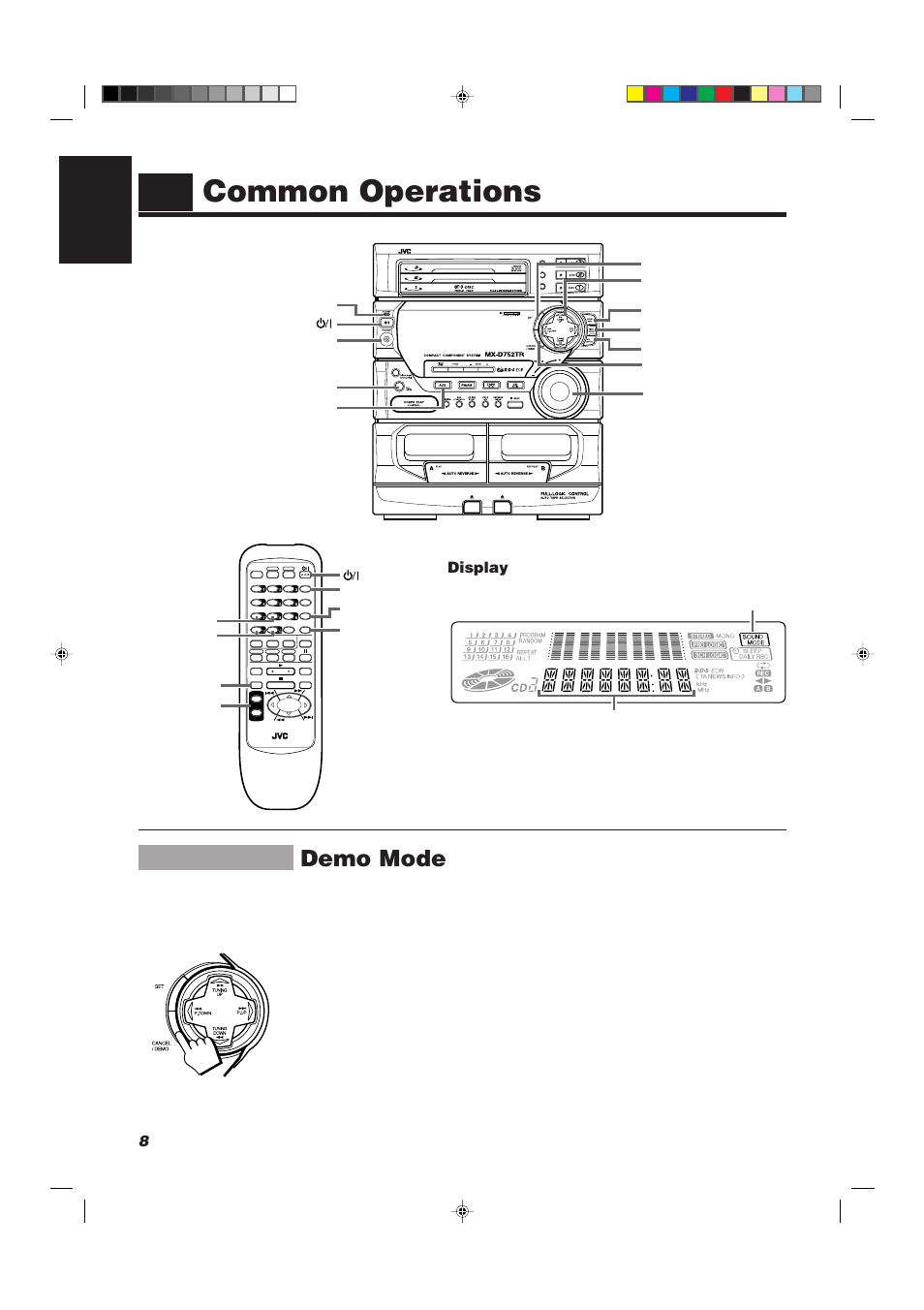 Common operations, Demo mode, 8english | Display, S.a. bass volume standby indicator aux phones | JVC CA-D752TR User Manual | Page 12 / 49