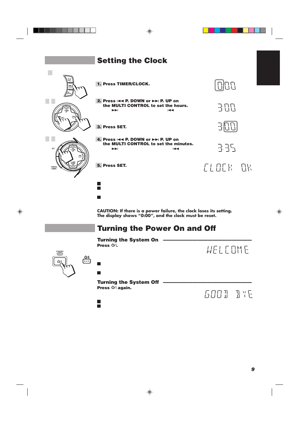 Setting the clock, Turning the power on and off | JVC CA-D752TR User Manual | Page 13 / 49