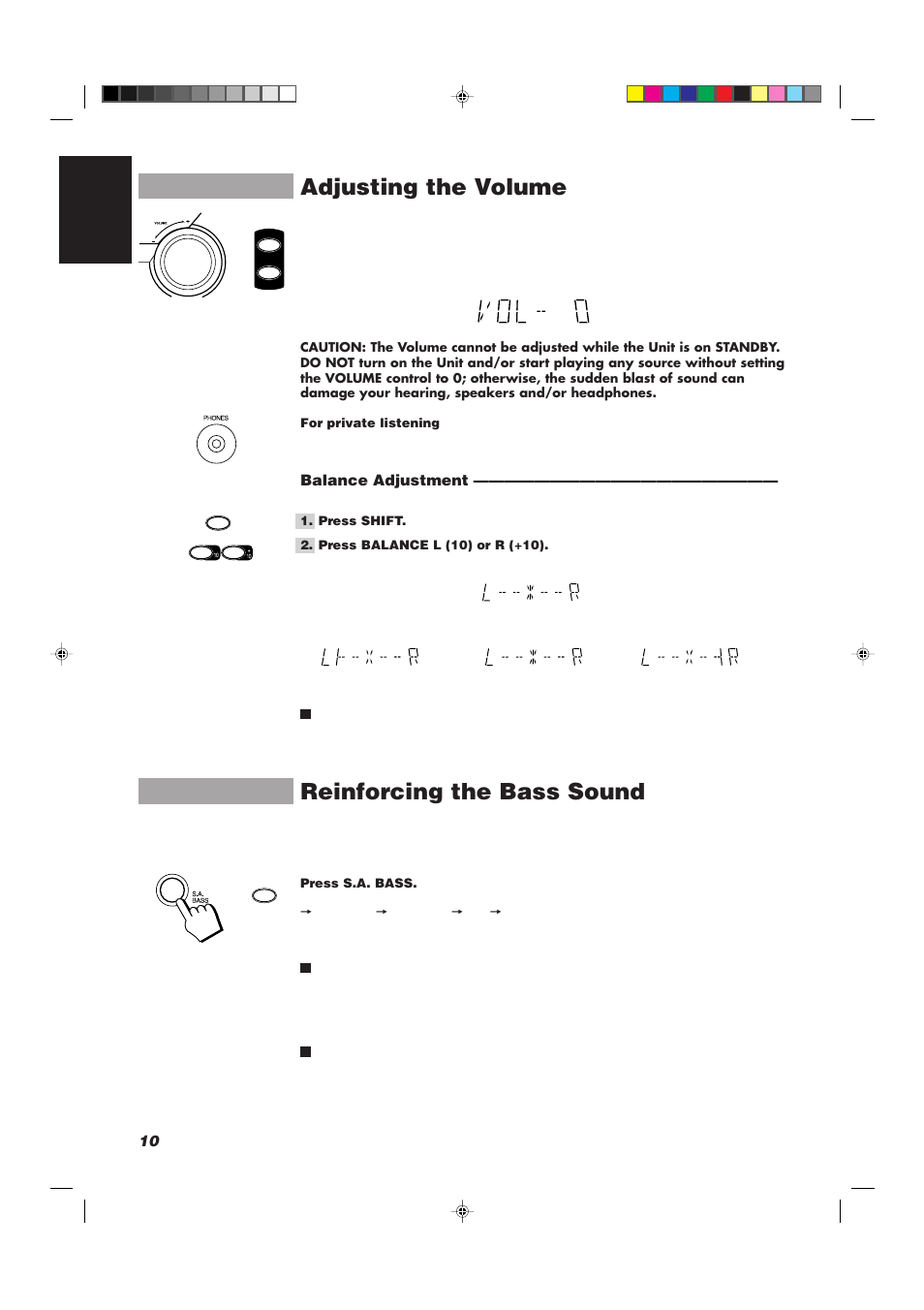 Adjusting the volume, Reinforcing the bass sound, 10 english | Balance adjustment | JVC CA-D752TR User Manual | Page 14 / 49