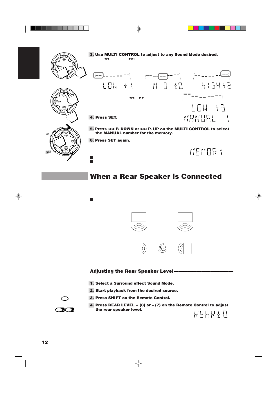 When a rear speaker is connected, 12 english, Adjusting the rear speaker level | JVC CA-D752TR User Manual | Page 16 / 49