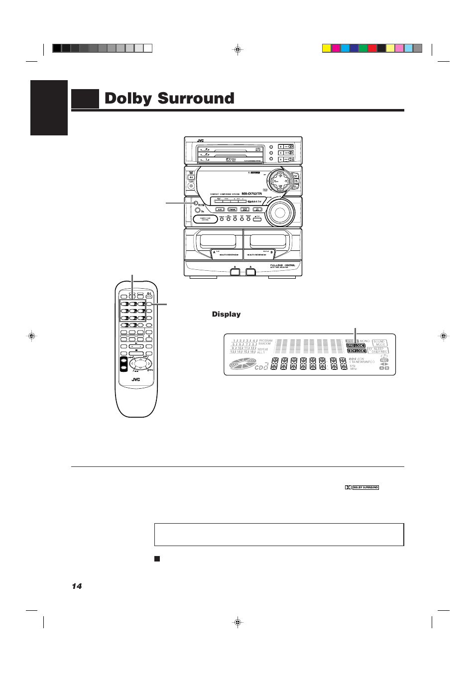 Dolby surround, 14 english, Display | Pro logic / 3ch logic | JVC CA-D752TR User Manual | Page 18 / 49